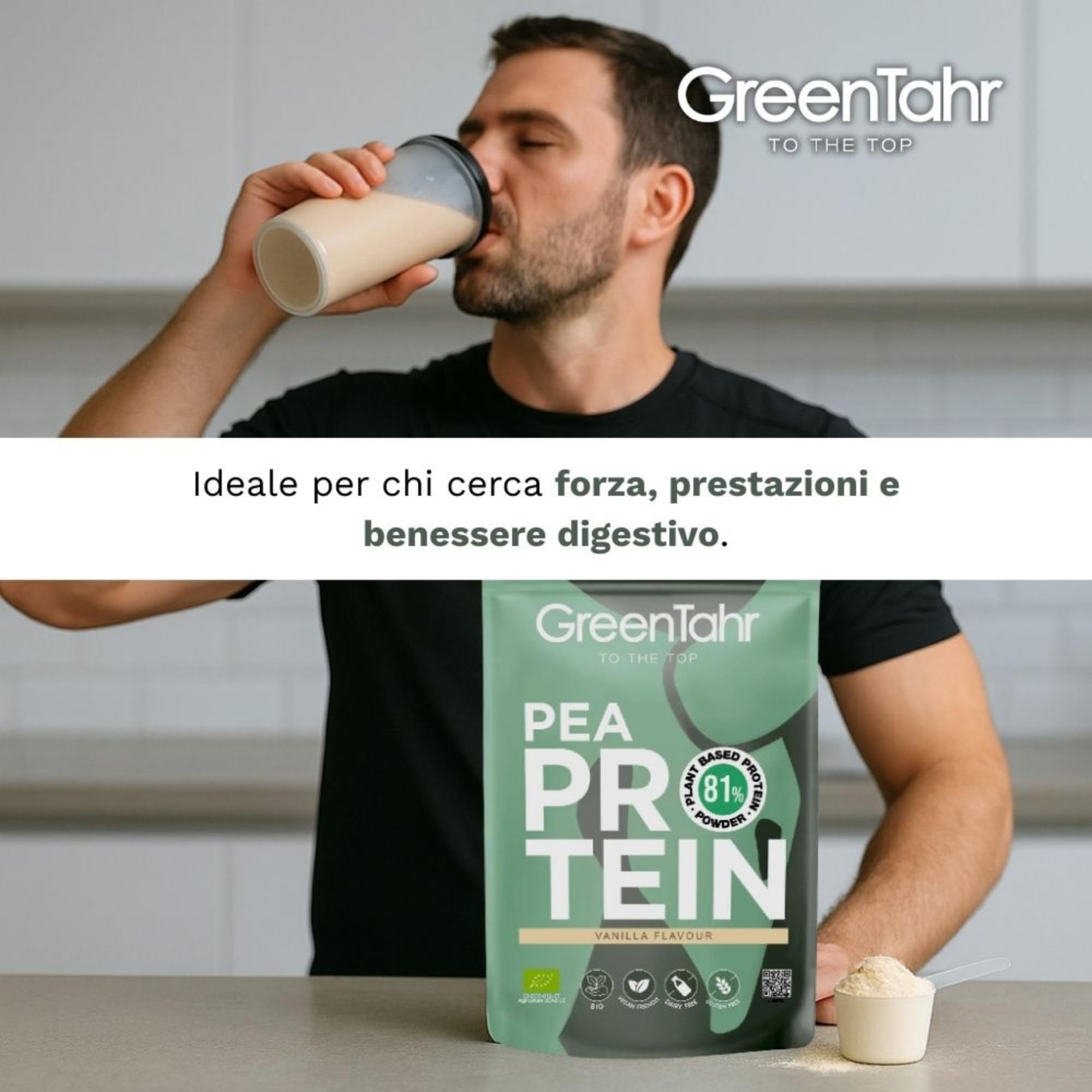 Green Tahr Proteine del Pisello in Polvere Bio al Gusto di Vaniglia 750g. 81% Proteine Vegane Vegetali per Aumento Massa Muscolare e Dimagrire. Senza Zucchero Aggiunto, Lattosio né Glutine