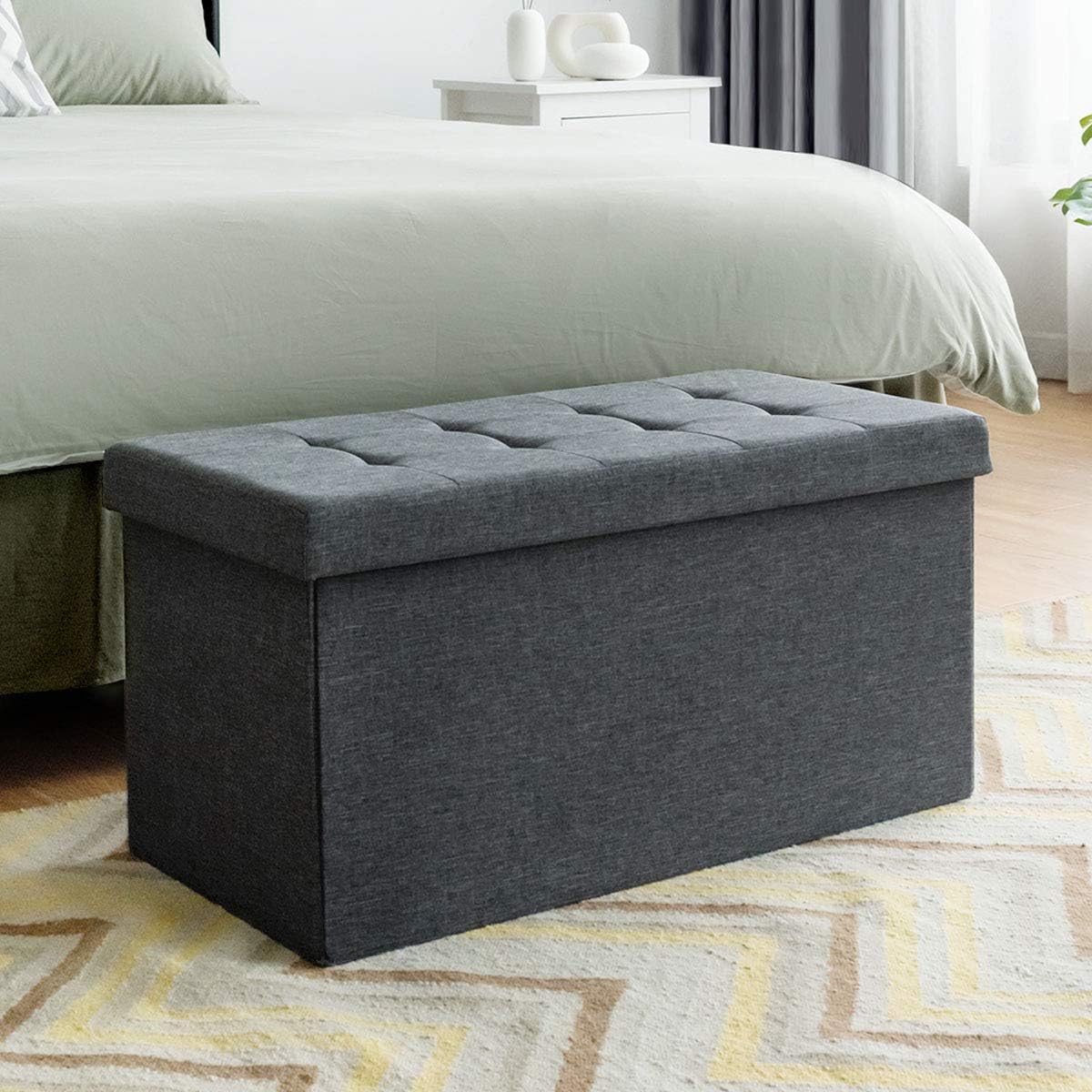 Folding Storage Ottoman Bench, Fabric Footrest w/Removable Storage Bins & Padded Seat, Storage Organizer Chest Box w/Lid for Living Room, Bedroom, Hallway, Entryway (Grey)