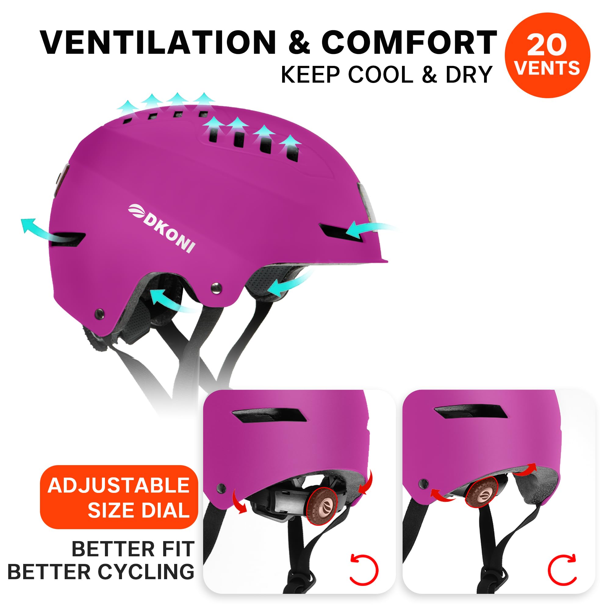 DKONI Casco da bici con luci a LED, casco da bicicletta per pendolari, ricaricabile tramite USB, anteriore e posteriore, con luce a LED, per adulti, uomini e donne