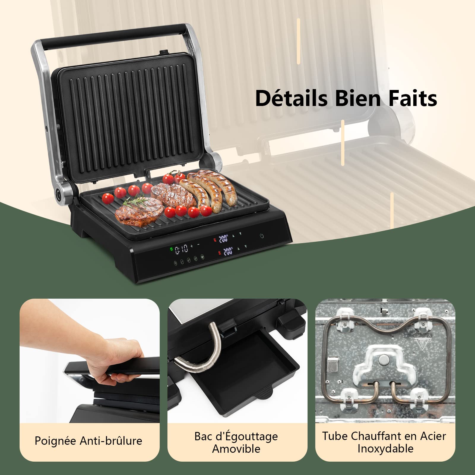 RELAX4LIFE Grill Électrique 2000W Sans BPA avec Rainure Double Faces, Panneau Contrôle Digital, Plaques Amovibles 33x26,5cm, Ouverture à 180º,Barbecue 5 Niveau Réglable, Noir (noir) IW54531HI-FOFR