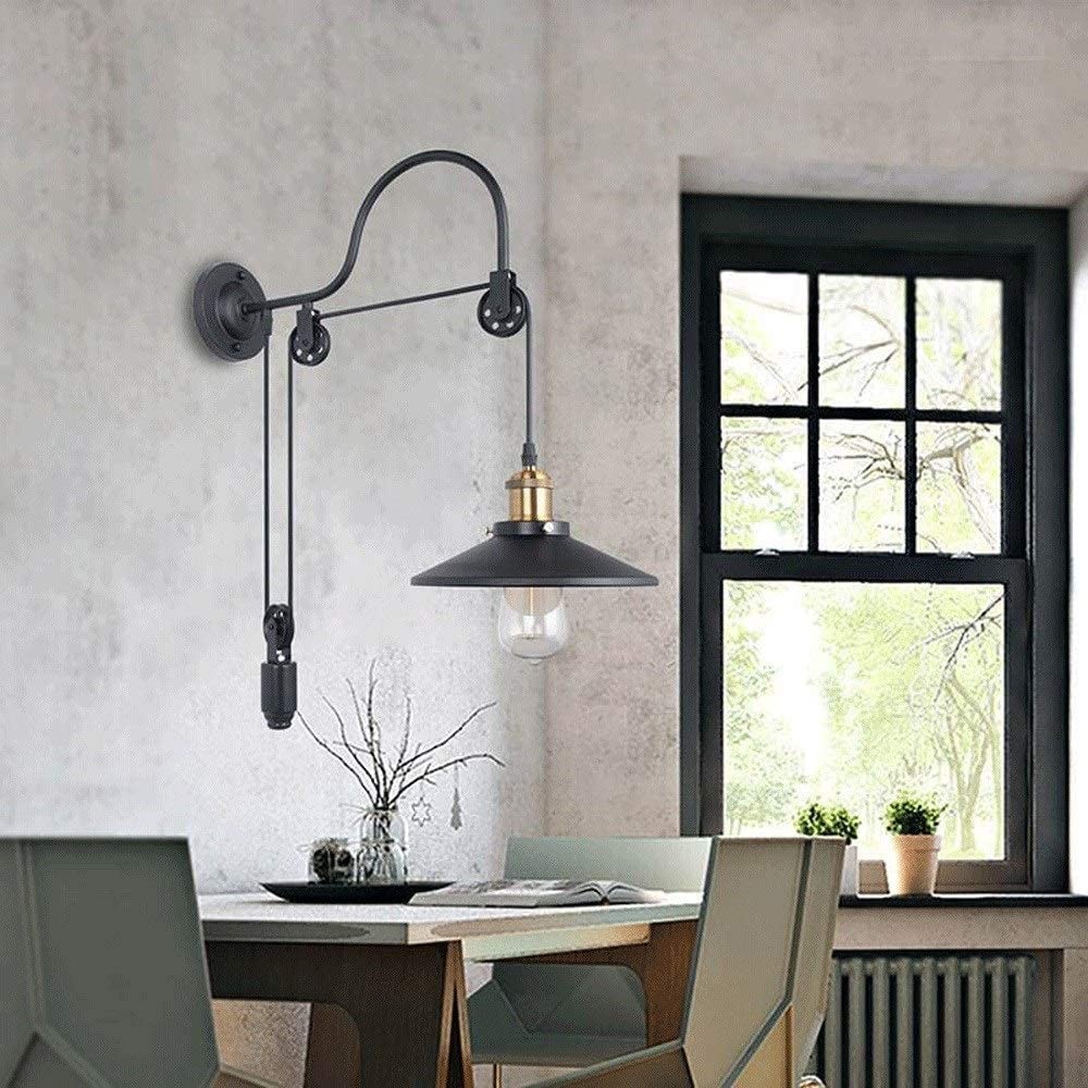 Lámpara de pared con polea de cuello de cisne de luz vintage industrial, lámparas de pared Aplique de pared Lámpara de pared industrial, Rueda de polea ajustable Lámpara montada en la pared Enchufe E2