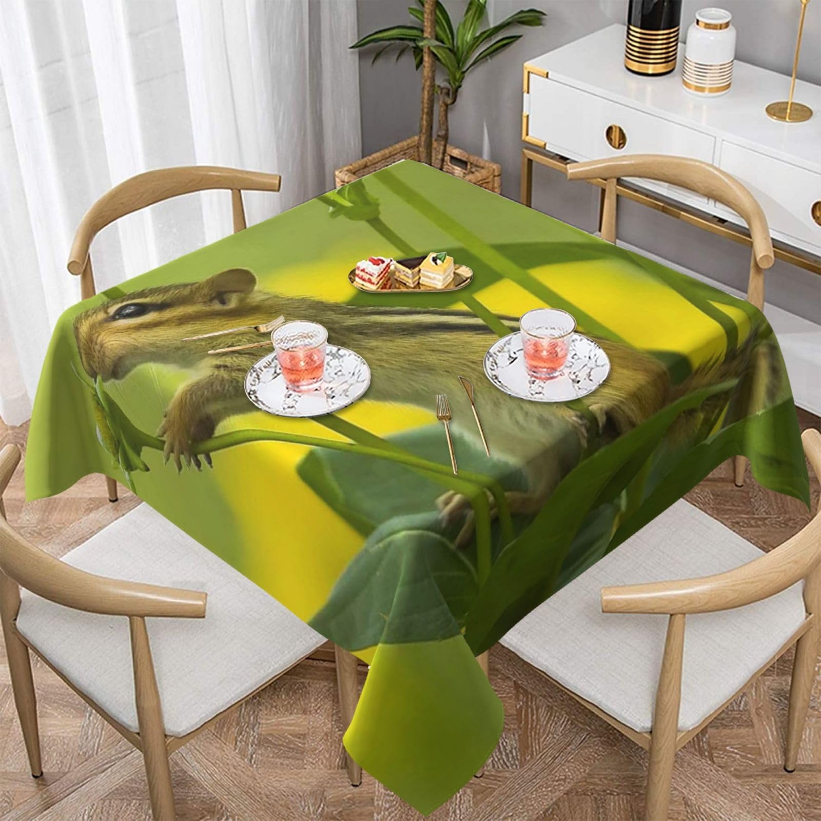 DCEHGEW Wildlife Squirrel Flowers Prints Square Tablecloth 137x137 CM, Waterproof Fabric Table Cloth for Dining Table, Farmhouse Table Cover for Kitchen Dining Tabletop Decoration