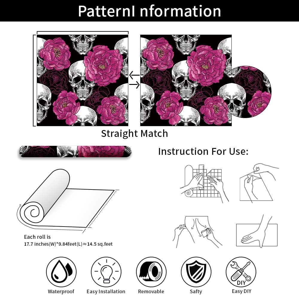 Skull Penoy Floral Peel and Stick Wallpaper for Bedroom Black/White/Red Removable Contact Paper Accent Wall Decorations 17.7in x 236.2in
