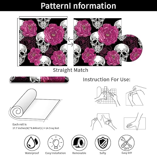 Miniatura 7 de Sugar Skull Penoy Papel Tapiz Floral de Despegar y Pegar para Dormitorio NegroBlancoRojo Papel de Contacto Removible Decoraciones de Pared Acentuada