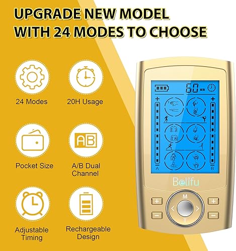Miniatura 3 de Belifu Unidad TENS EMS de Doble Canal 24 Modos Estimulador Muscular para Terapia de Alivio del Dolor, Masajeador de Pulso Electrónico Masajeador