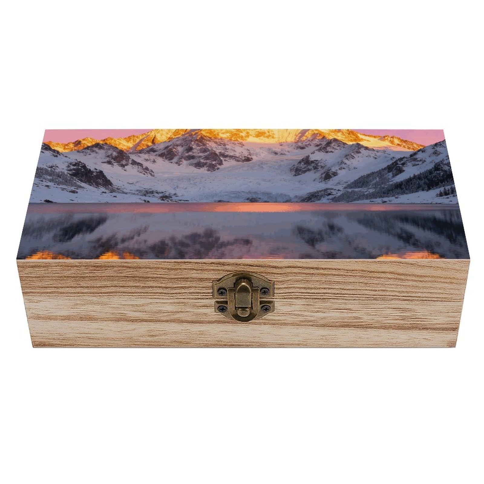 DWVTSLH Snow Mountain Lake View Wooden Storage Box Locked Wood Gift Box Decorative Keepsake Boxes Storage Bins, Memory Boxes for Pictures, Jewelry Organizer Unique Gift Ideas for Men Women