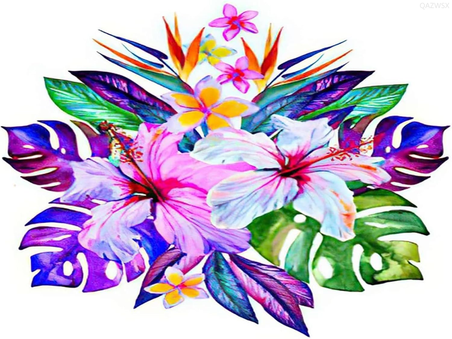 Tropical Flower DIY 5D Diamond Painting Set Tropical Hibiscus Plumeria Monstera Palm Bird Paradise Round Drill Rhinestone Embroidery Arts Craft for Home Wall Decoration, 12x16 Inch