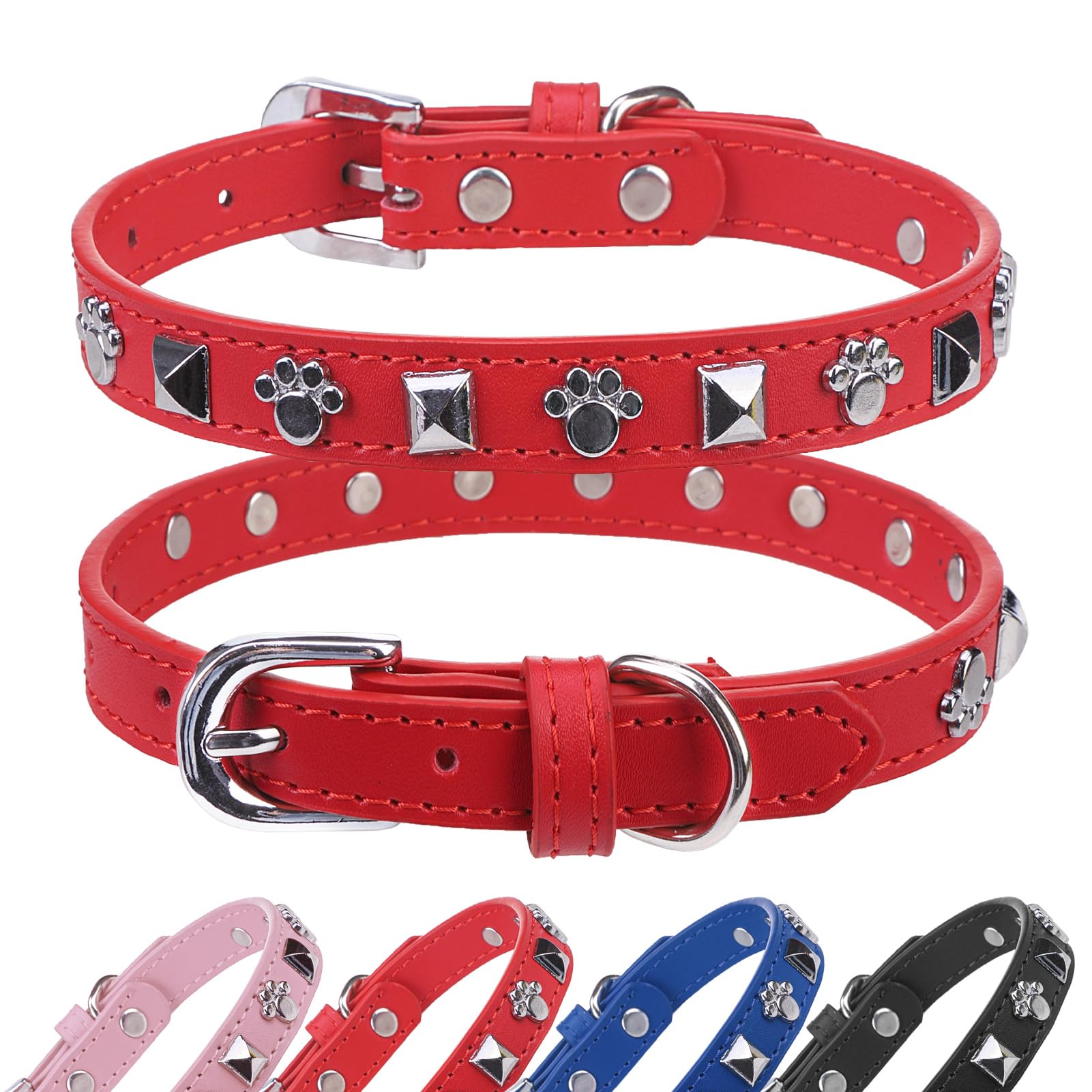 SCENEREAL Leather Dog Collars for Small Medium Dogs with Rivet, Adjustable Studded Cute Dog Collar for Pet Boy Girl Kitten Cats, Bling Spiked Puppy