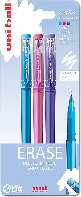 Uni-Ball UF-222-07 On Point Erasable Ballpoint Sky Blue, Pink and Violet Gel Pens. Premium 0.7mm Rollerball Tip for Smooth Handwriting. Easy-Retract Eraser for Secure and Stable Rubbing Out. Pack Of 3