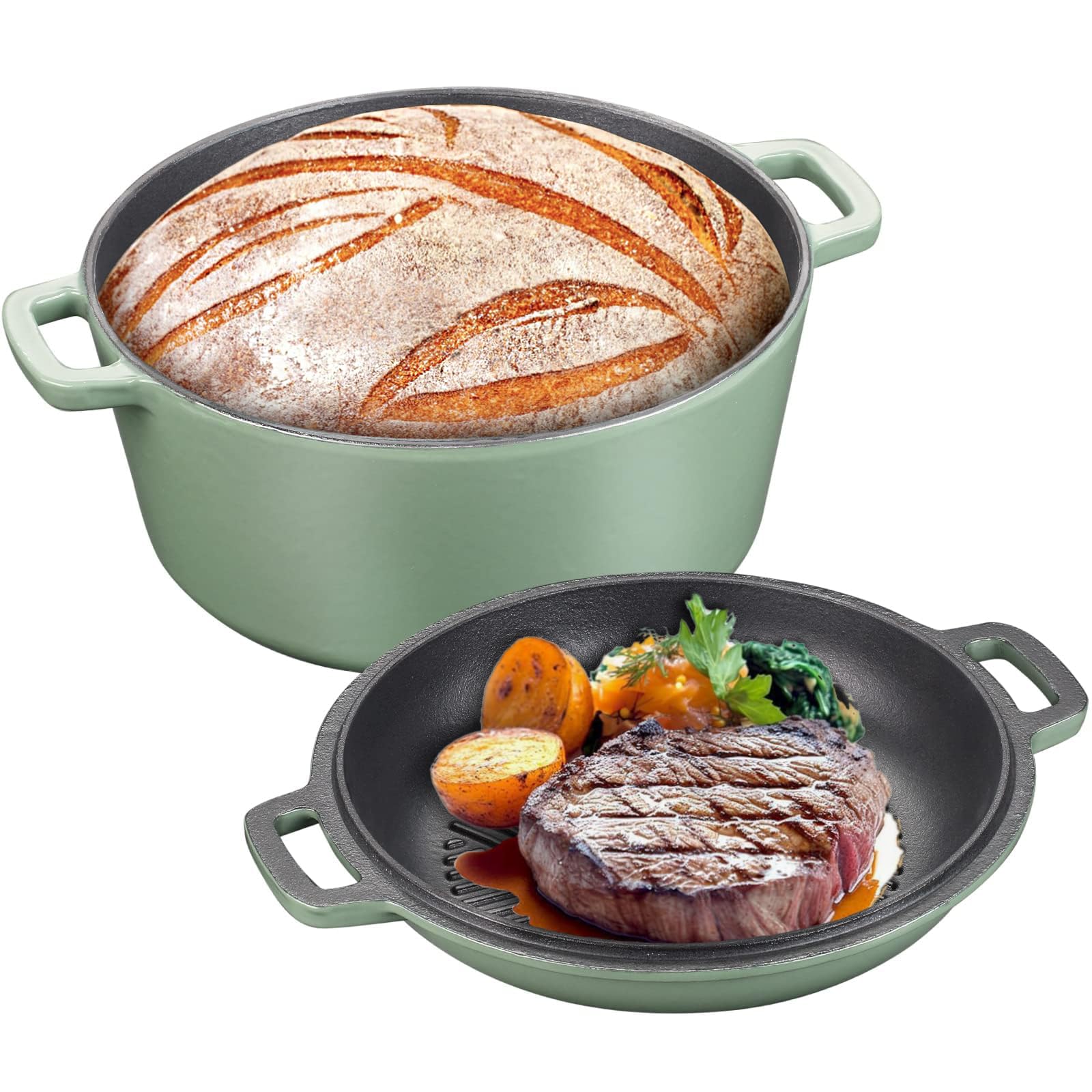 5.5 Quart Enameled Cast Iron Dutch Oven, 2-In-1 Enamel Dutch Oven Pot with Skillet Lid for Grill, Stovetop, Induction (Gray Green)