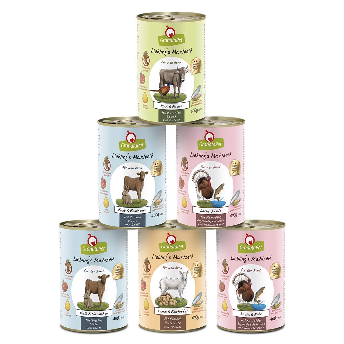 GranataPet Liebling's Mahlzeit Multipack 3, Nassfutter für Hunde im Probierpaket, Alleinfuttermittel ohne Getreide, Hundefutter mit hohem Fleischanteil & hochwertigen Ölen, 6 x 400 g