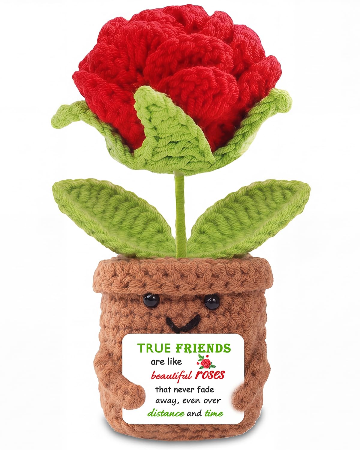Aruigu Gifts for Women True Friends Crochet Rose Gift, Handmade Knitted Flower Pot with Friendship Quote Card, Sentimental Keepsake for Best Friend, BFF, Birthday, Long Distance Gift, Cute Desk Decor — image 1