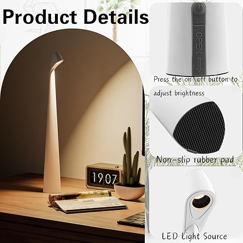 Miniatura 3 de Lámpara de escritorio inalámbrica, luz de mesa portátil, lámpara táctil recargable, lámpara LED funciona con pilas con 3 niveles de brillo para