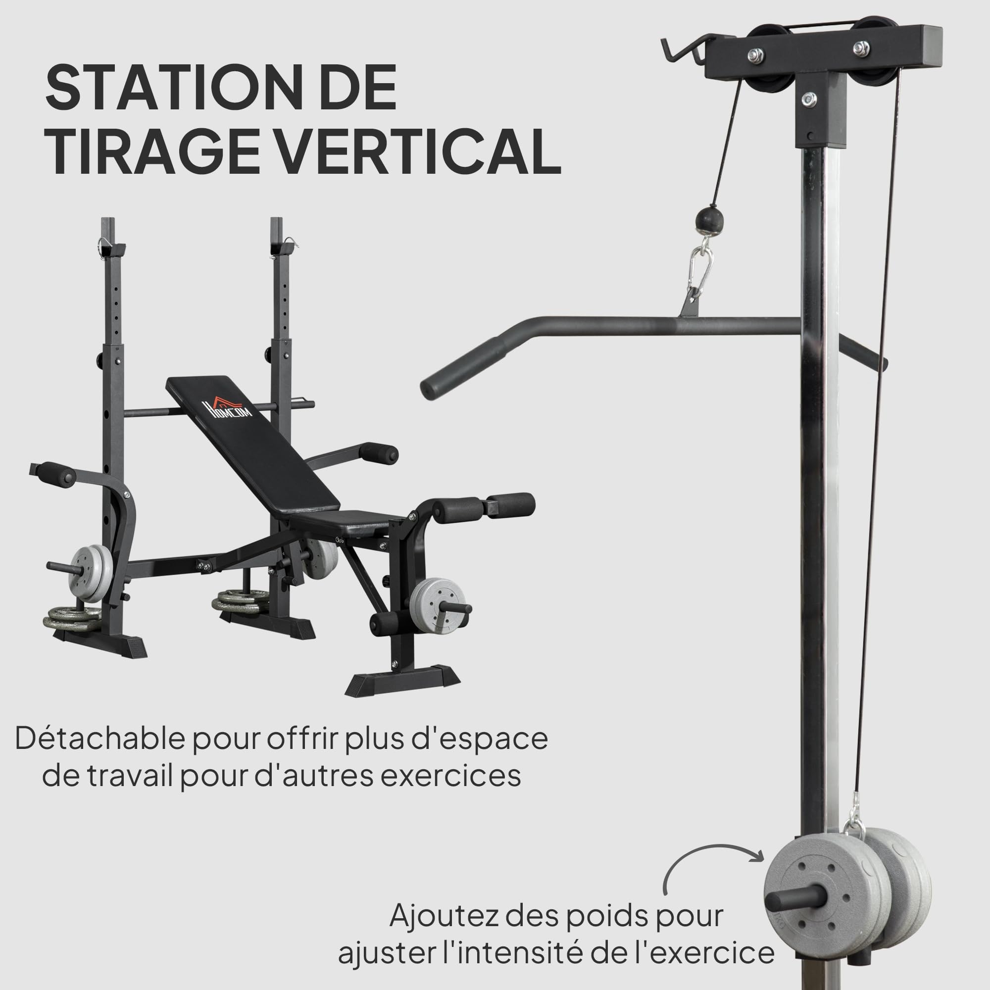 HOMCOM Banc de musculation complet multifonction avec dossier réglable, système de poulie, support pour haltères, écarté pectoraux, banc developper coucher à plat ou incliné entraînement fitness