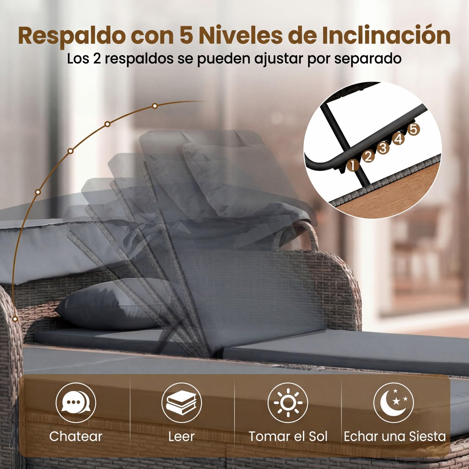 COSTWAY Tumbona Doble Jardin Exterior, Cama Balinesa de Ratán con Toldo Retráctil y Respaldos Ajustables, Tumbonas Piscina para 2 Personas con Mesa Central y Porta Vasos para Jardín Piscina (Gris)