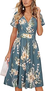 VOTEPRETTY Women's Summer Dress, Short-Sleeved, Knee-Length V-Neck Wrap Dress with Pockets