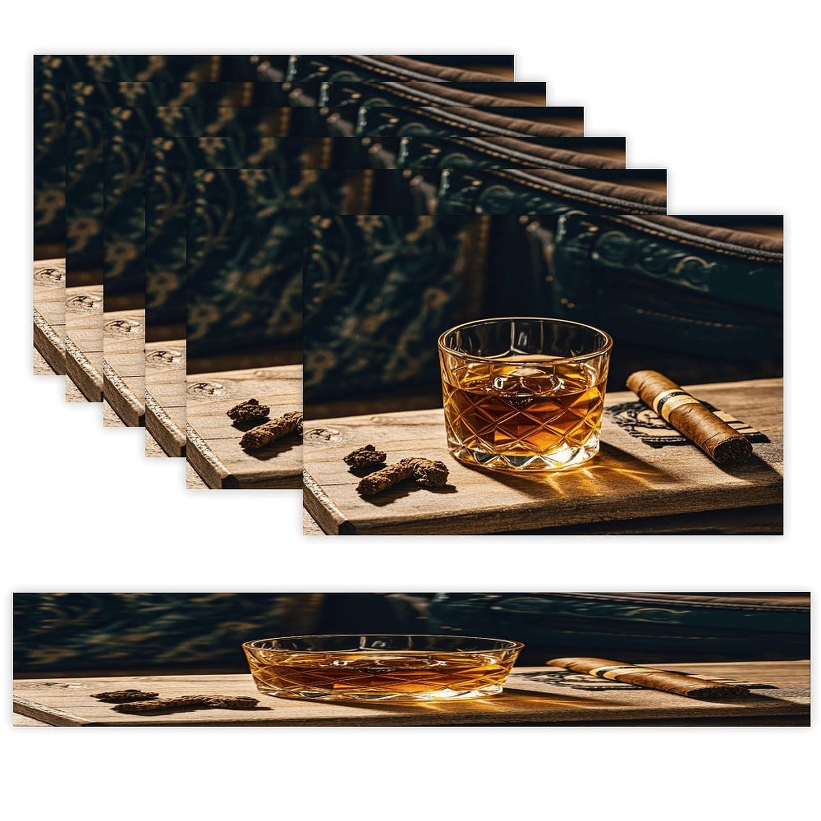 Cigar & Whiskey Placemats Set of 7 Exquisite Linen Table Mat Seven Piece Set Includes 13"x71" Fashion Table Runner and 12"x18" Place Mat Decor for Kitchen Dining Room