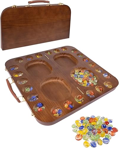 Juego de mesa Mancala de madera para 4 jugadores, juego de mesa Mancala para 4 jugadores, grandes cuentas de vidrio, juego de mármol clásico y