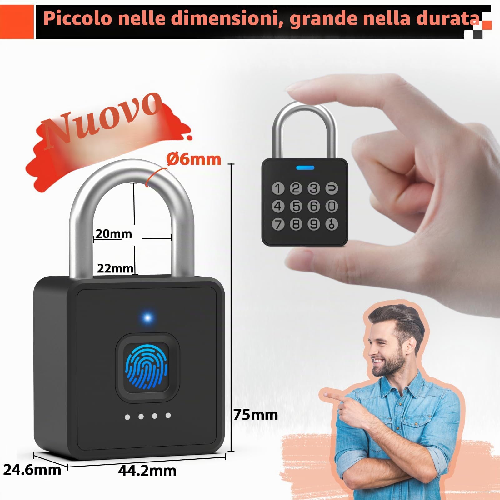Anweller Lucchetto a combinazione con impronte digitali, impronte digitali, serratura smart biometria, lucchetto resistente alle intemperie, per cancello da giardino, armadietto, palestra, armadietto