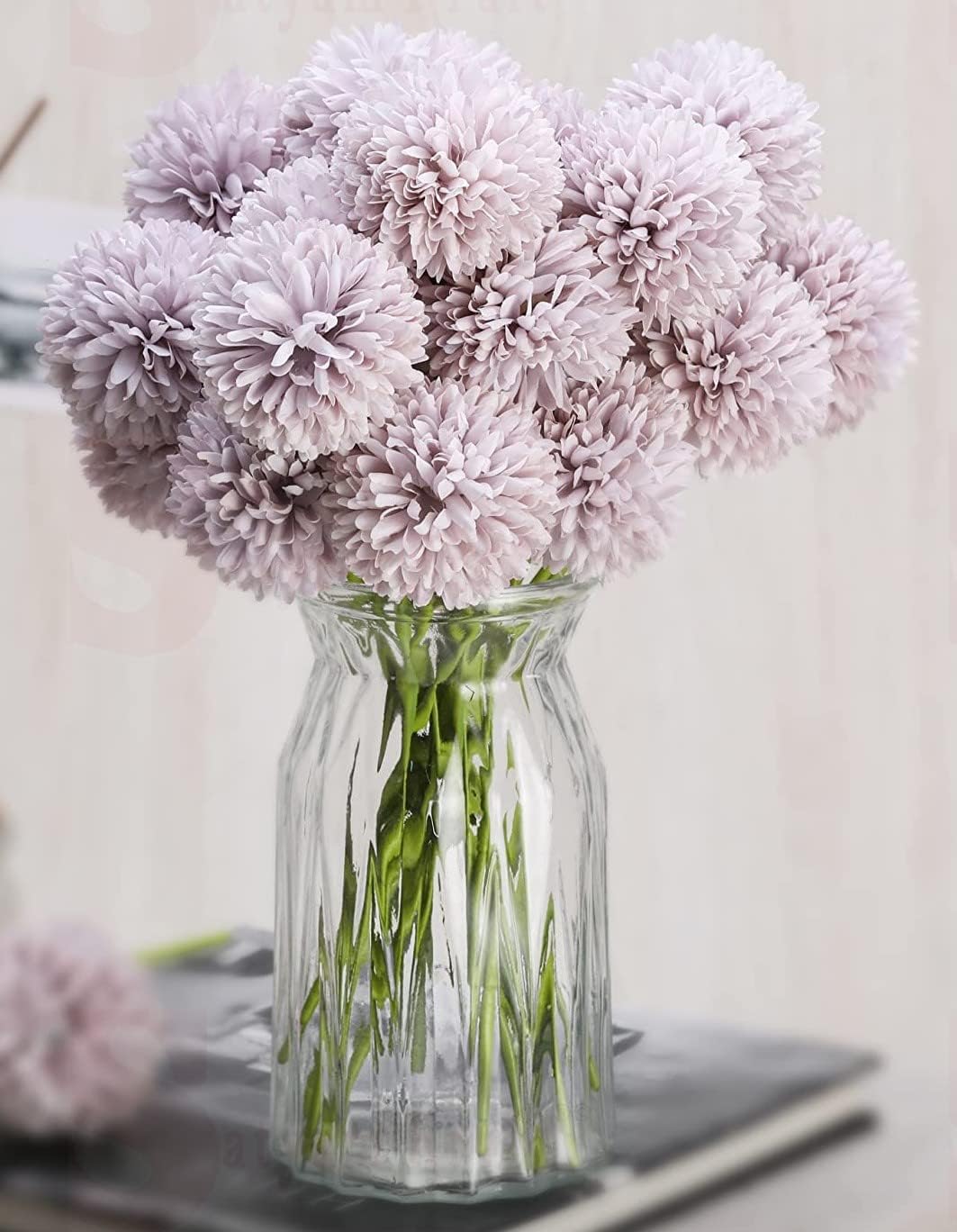 SATYAM KRAFT 5 Pcs Artificial Chrysanthemum Ball Flowers Fabric Sticks Bouquet for Wedding Decoration Setup for Home, Office, Living Room, Table Decor Item (Silver Mauve) (ONLY Flower, NO VASE)