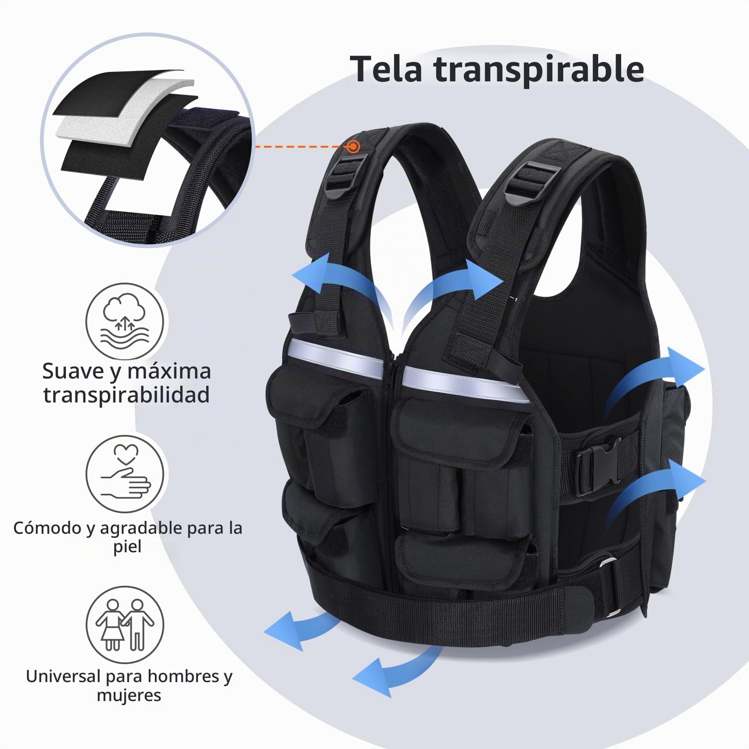 Sportneer chaleco con peso ajustable para hombres y mujeres, 0.9 kg a 19 kg, chaleco reflectante para correr