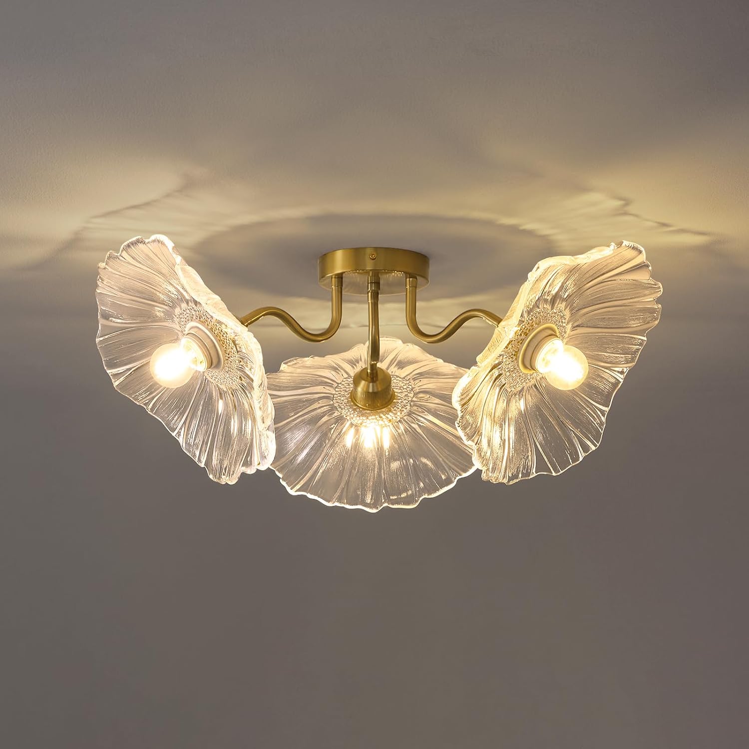 Flower Glass 3 Lights Ceiling Light - Gold Vintage Floral Semi Flush Mount Chandelier Lighting Fixtures - Mid Century Modern Art Deco Lamps for Bedroom Bathroom Hallway Foyer Hall Kitchen Living Room