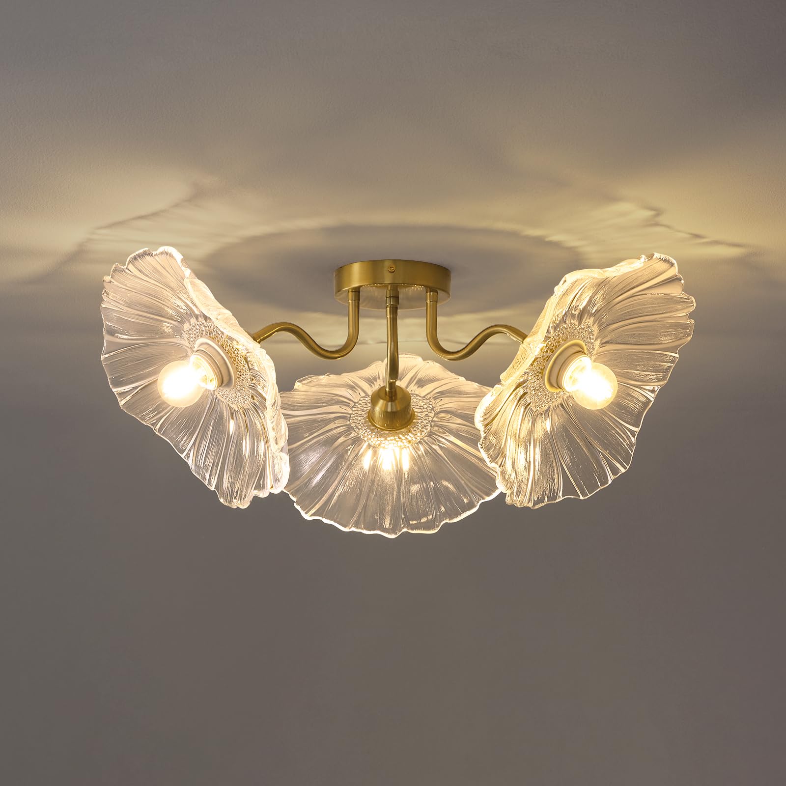 Flower Glass 3 Lights Ceiling Light - Gold Vintage Floral Semi Flush Mount Chandelier Lighting Fixtures - Mid
