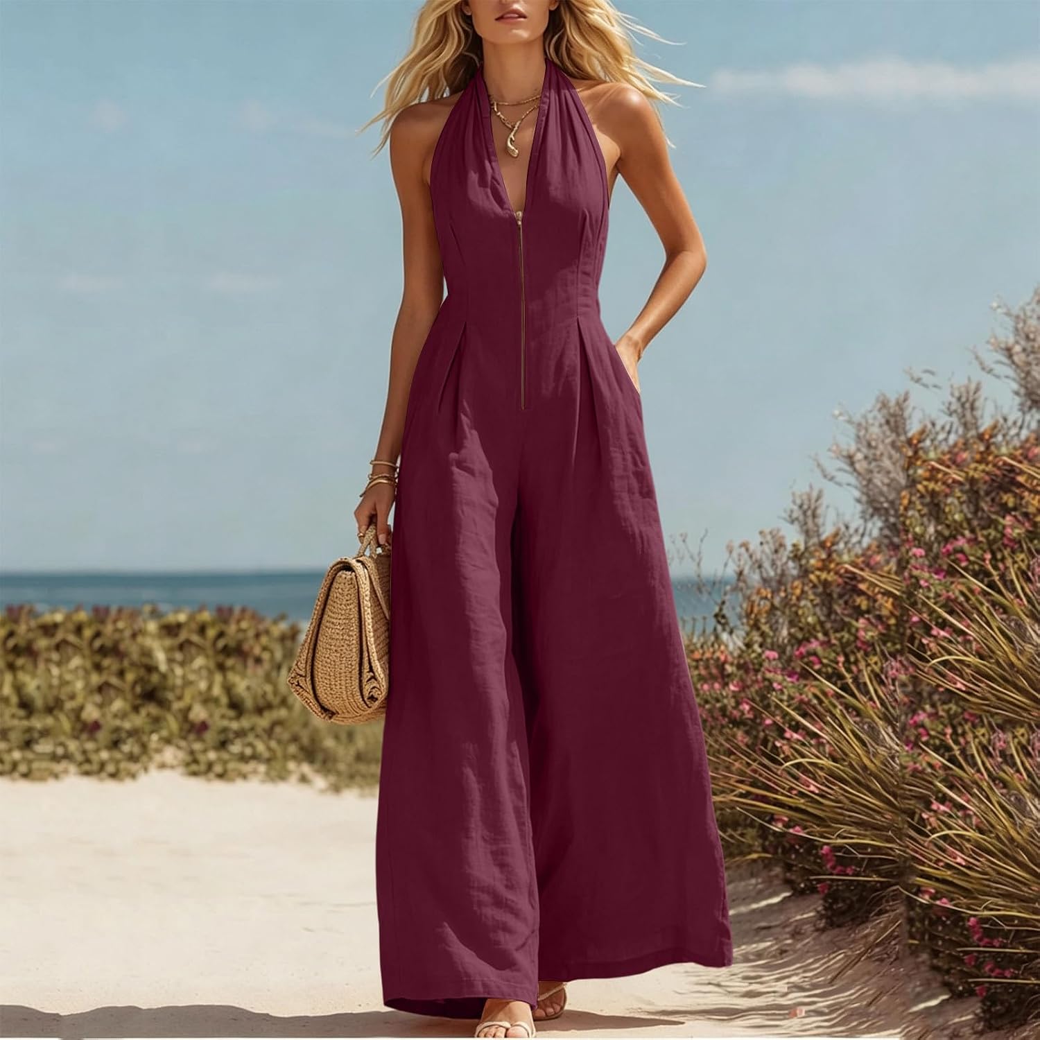 Women Cotton Black Rompers Zip-Up Elegant Pleated V Neck Wide Leg Clothes Fashion Casual Travel One Piece Jumpsuits