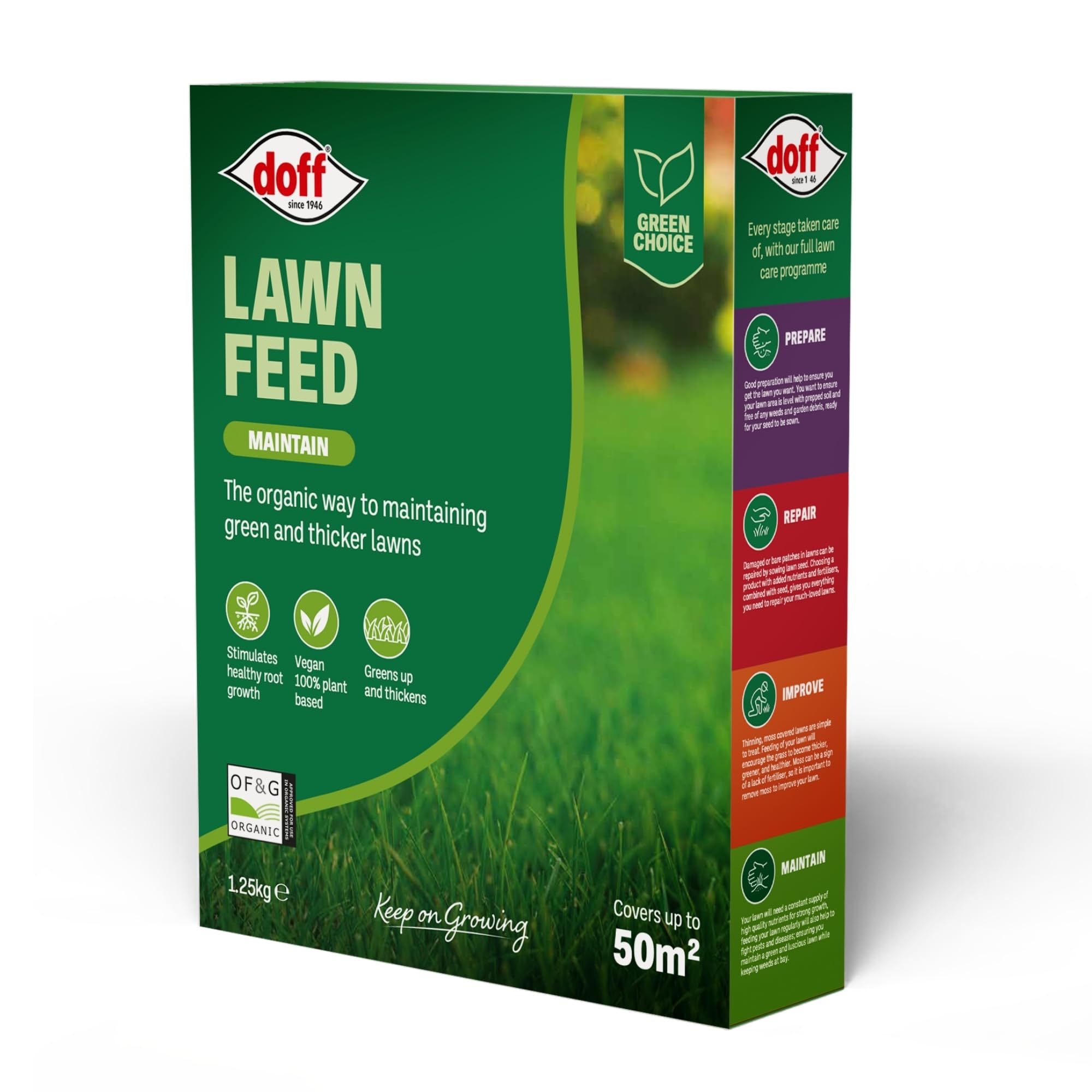 Doff Lawn Feed Fertiliser – OF&G Organic certified, Vegan Plant-Based Lawn Food, Slow-Release Formula for Greener, Thicker & Healthier Lawns – Covers 50m², Stimulates Root Growth, Child & Pet Friendly