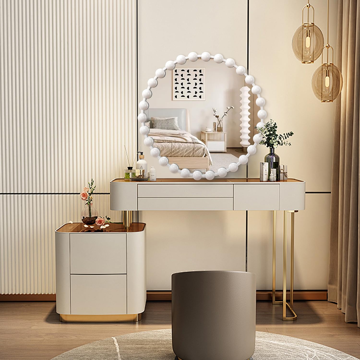 AAZZKANG Specchi circolari bianchi da parete con cornice in metallo con perline Specchio rotondo grande per bagno e camera da letto