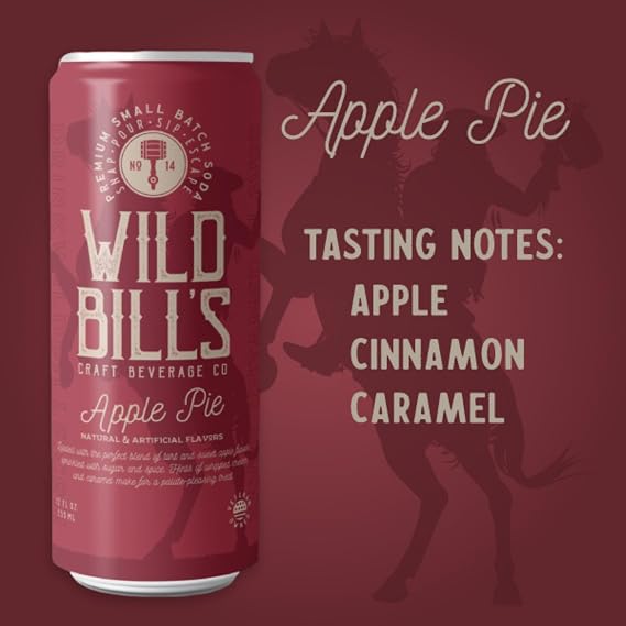Wild Bill's Apple Pie Soda Classic Craft Soda Pop Soft Drinks, Sodas Made with Pure Cane Sugar, Caffeine Free, NO High Fructose Corn Syrup, Gluten Free, Vegan, Low Sodium, 12 Oz 12 Pack