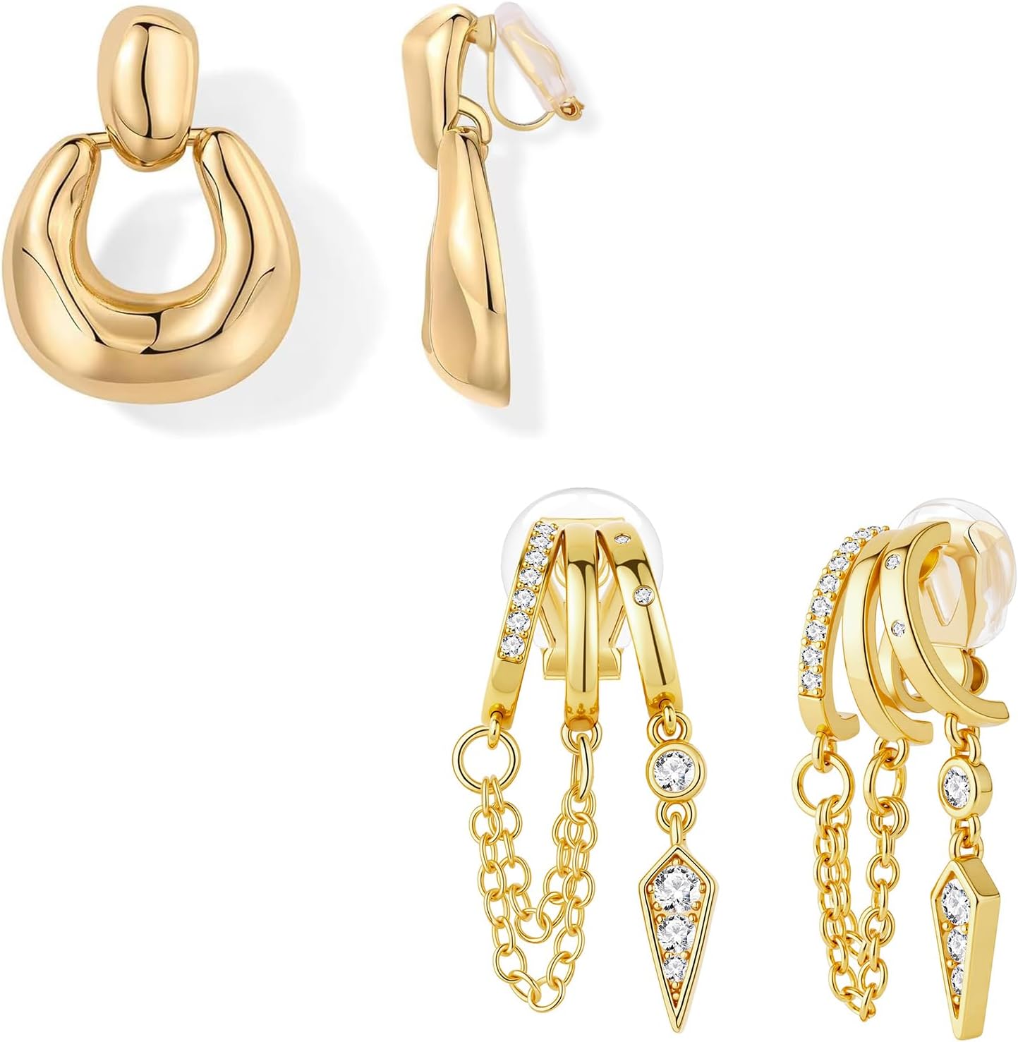 FAN&LOUIS Gold Plated Clip On Earrings for Women, 14K Gold Drop Dangle Hypoallergenic Lightweight Clip-On Earrings for Non-Pierced Ears