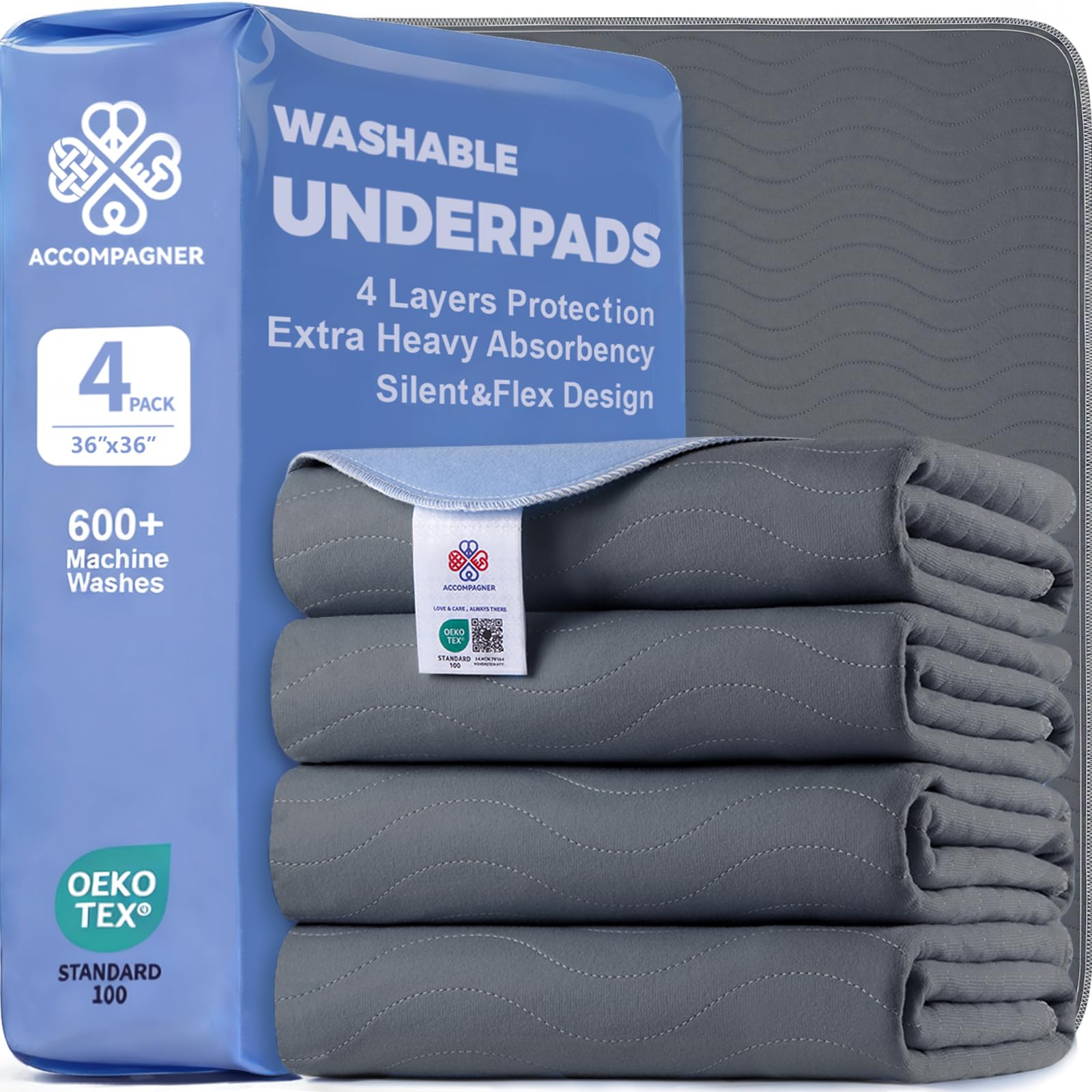 Accompagner Incontinence Bed Pads Washable Waterproof, Ultra-Absorbent Reusable Underpads for Diaper Changing, Nursing, Bedridden, Adults, Seniors, Kids and Dogs (Dark Gray, 36"x36"(Pack of 4))
