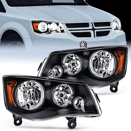 Nilight Headlight Assembly for 2011 2012 2013 2014 2015 2016 2017 2018 2019 Dodge Grand Caravan 2008-2016 Chrysler Town & Country Replacement Headlamp Black Housing Amber Reflector, 2 Years Warranty