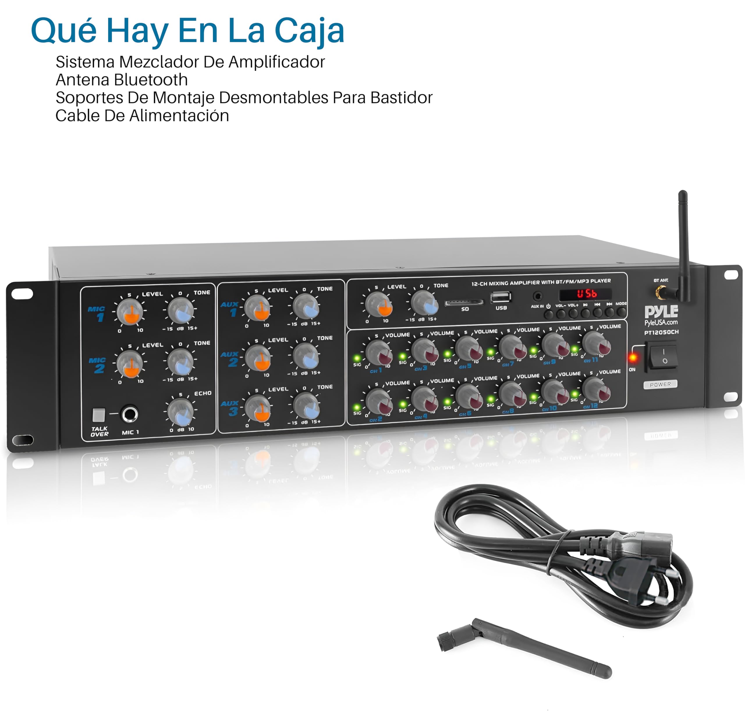 Pyle Amplificador de Sonido, 4000W, Bluetooth, Inalambrico, Sistema de Caja de Receptor Estereo, para el hogar, 8 Canales, RCA, USB, AUX, Altavoces, PA, Teatro, Estudio, Escenario