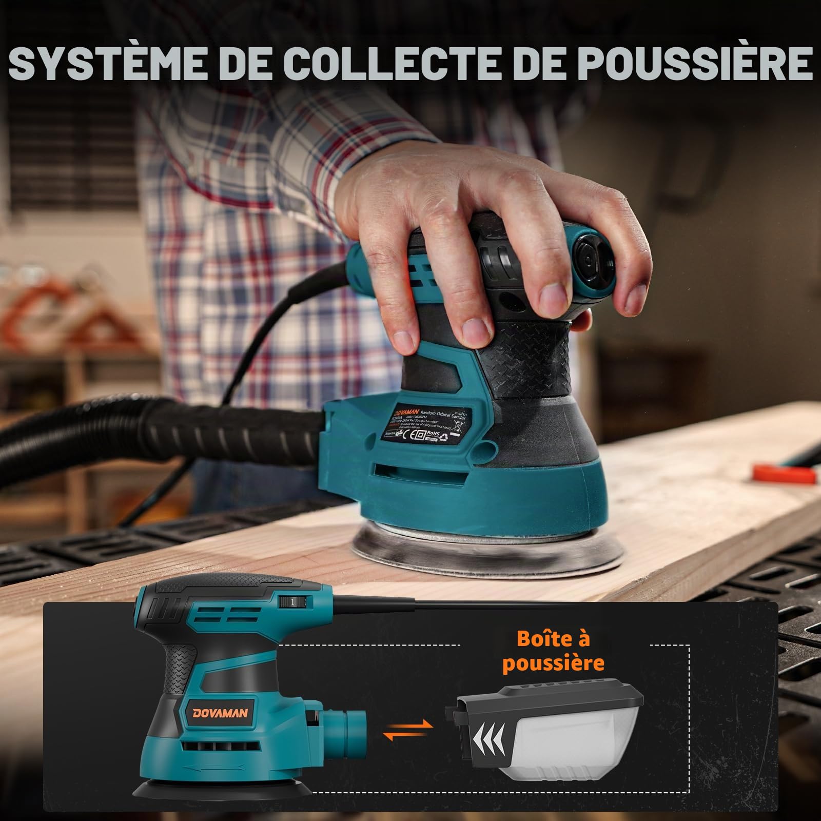 DOVAMAN ROS01A Ponceuse Orbitale, 350W Ponceuse Excentrique, 6 Vitesses, 13000 tr/min, Papier Abrasif 12 Pièces, Patin de Ponçage 125mm, Collecteur de Poussière, pour Surfaces en Bois et Acier -Orange