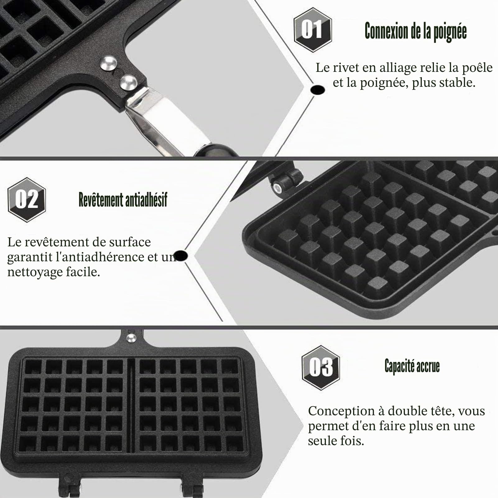 Gaufrier pour cuisinière, poêle à gaufres en fonte antiadhésive Double gaufriers belges pour le camping, la cuisson du petit-déjeuner en famille