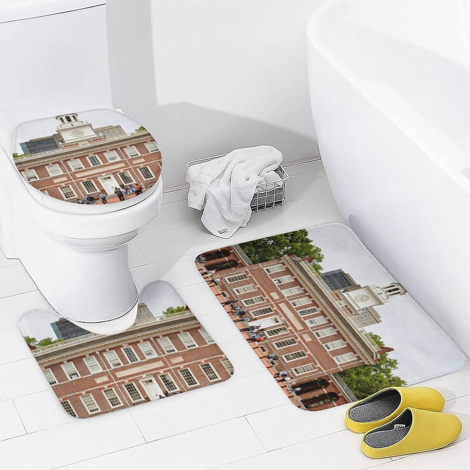 4 Piece Bathroom Rug Set with Shower Curtain, Non-Slip Bath Mat Toilet Cover Set, Independence Palace Bathroom Rug Sets