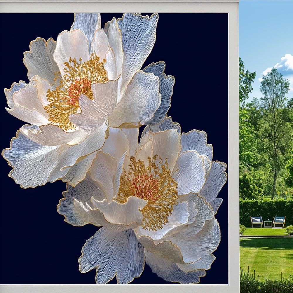 Glam Floral Plants Privacy Window Film, Peony Flower Modern Frosted Self-Adhesive Vinyl Cling for Glass Doors Bathroom Windows Sun Blocking Heat Control, （45x60cm）