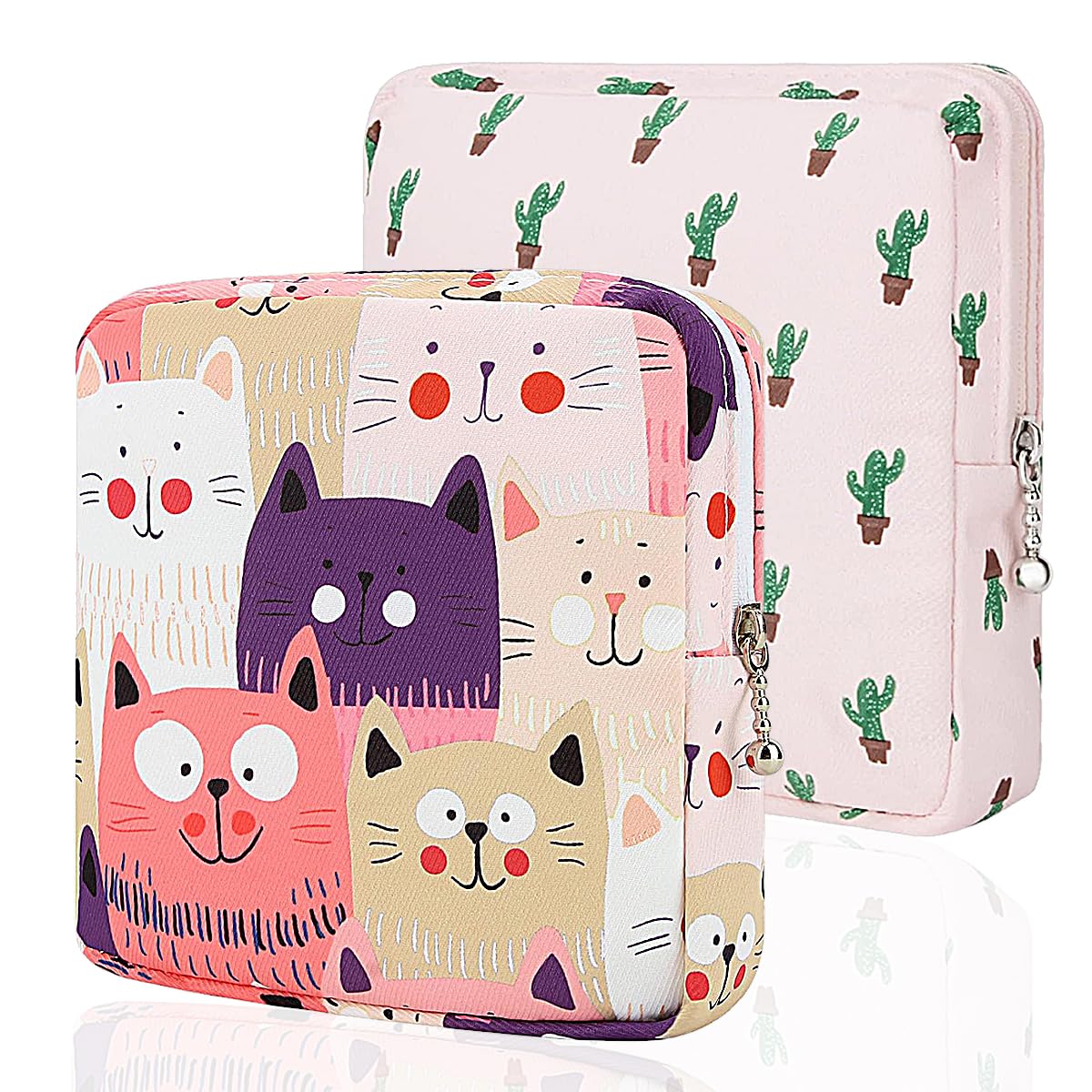 PawPawU Sanitary Pad Storage Bag, 2-Pack Napkin and Tampon Travel Pouches for School Teen Girls and Women, Keep Your Feminine Menstrual Period Hygiene Products Private, Grey, Cat and Cactus