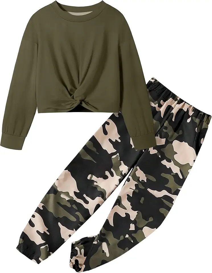 NECIOUS Girls Fall Outfits 2 Piece Fashion Twist Front Pullover Sweatshirt and Camo Pants Clothing Sets 5-14Y