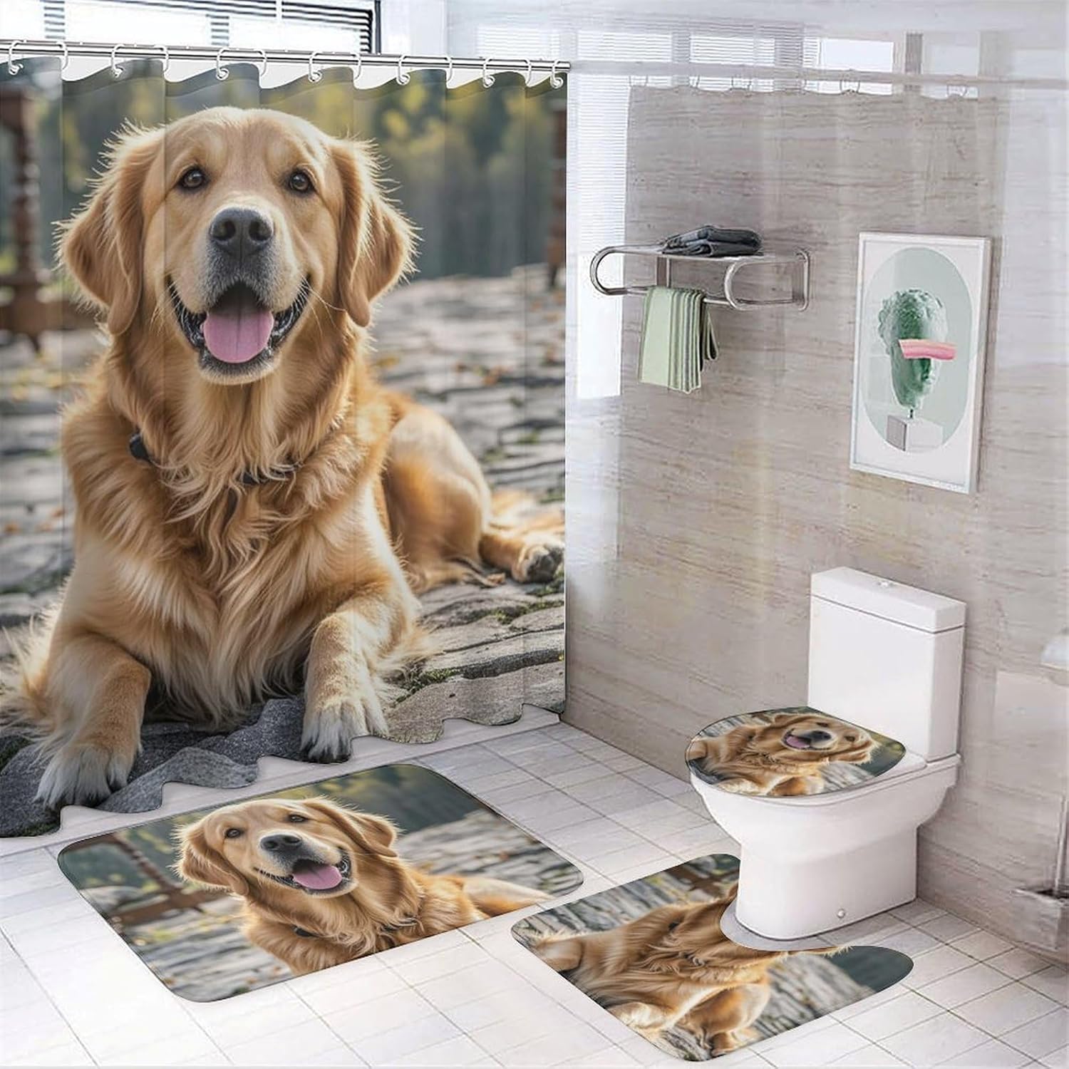 Golden Retriever Dog Shower Curtain Set 4 Piece, Non-Slip Bath Mat with Toilet Lid Cover and Waterproof Shower Curtain with 12 Hooks, Complete Bathroom Set for Home Decor
