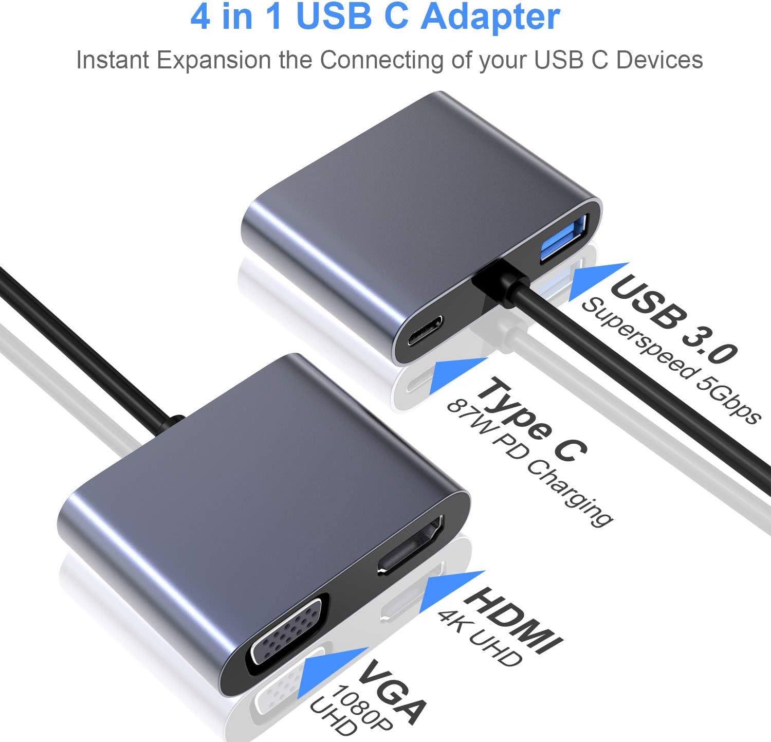 ElecMoga USB C to VGA HDMI Adapter, 4 in 1 Type C to 4K HDMI/VGA/USB 3.0/USB C PD Charging Multiport Hub Adapter Compatible with Macbook Pro/Air,Nintendo,Dell,HP,Samsung S8/S9,Huawei P30 and More