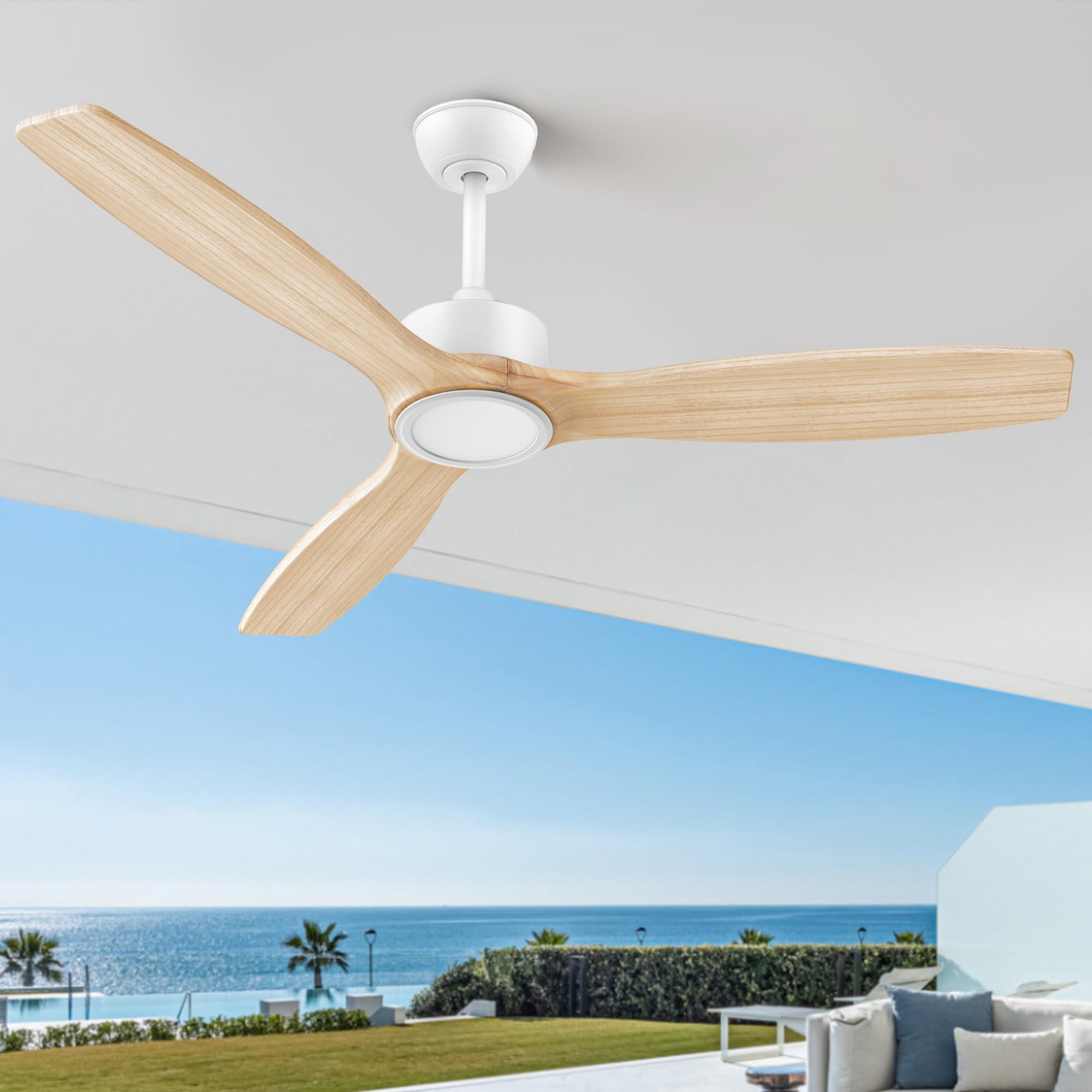52" Wood Ceiling Fan with Lights Remote Control,Indoor/Outdoor Modern Ceiling Fan,3 Reversible Natural Wood Blades,6-Speed with Timer,Quiet DC Motor,Dimmable Lights, for Bedroom PatioPorch