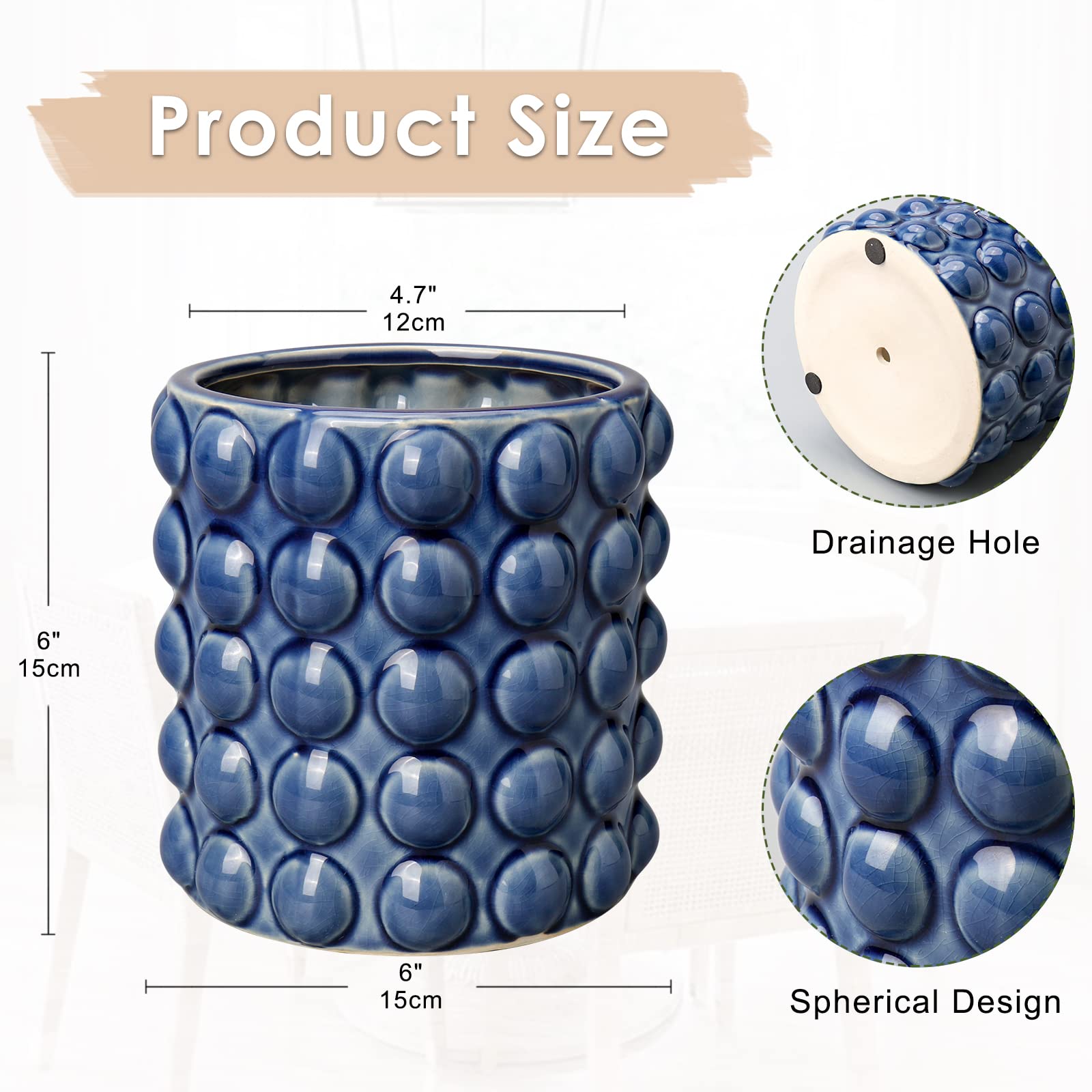 Oairse Ceramic Plant Pot 14cm/5.5inch Bubble Ceramic Planter with Drainage Holes Blue Flower Pots Beaded Design Decorative Plant Pots Indoor pour Succulent Cactus Snake Plant Houseplant - Image 2