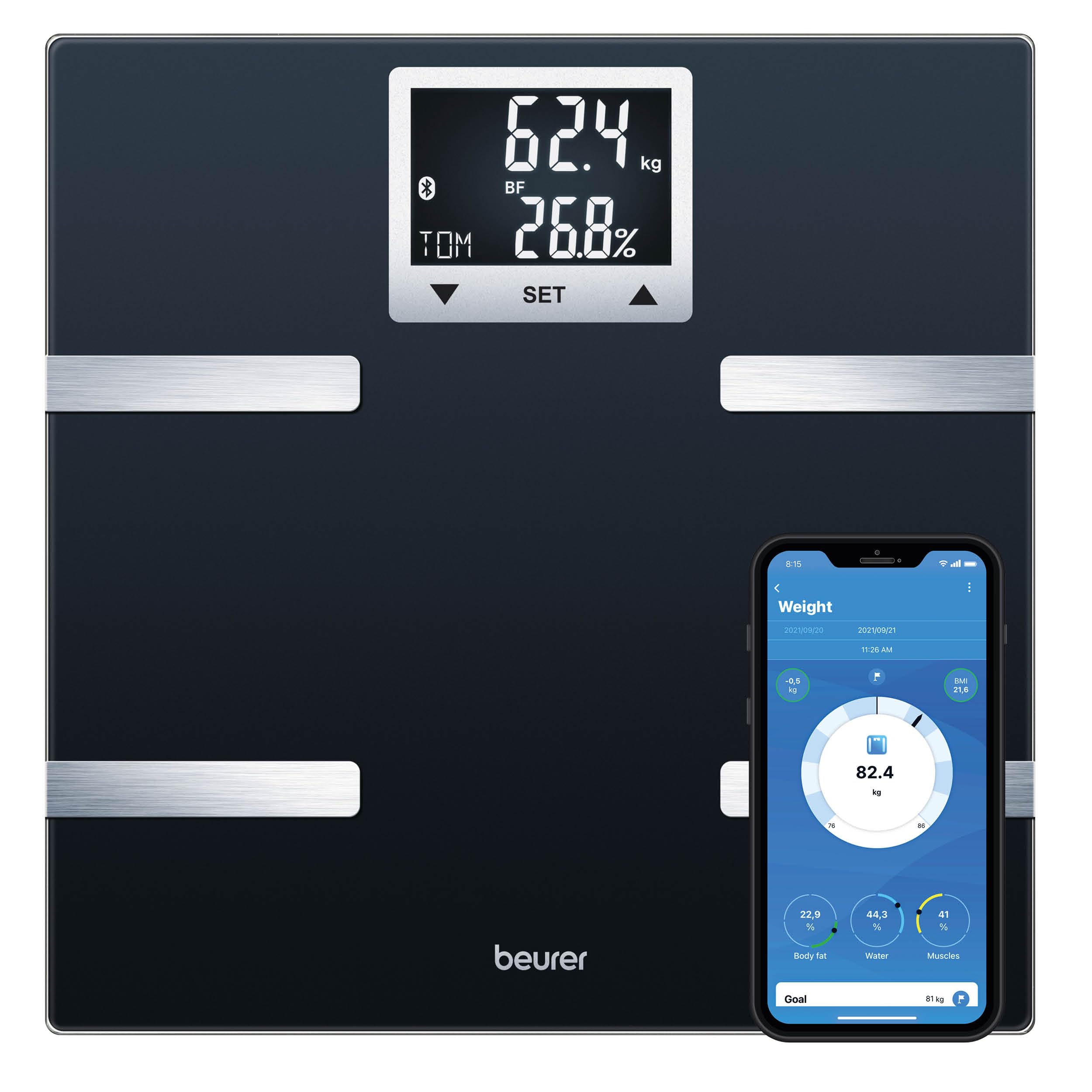 BeurerBF720 Body Analsis Scale with Bluetooth(R) | Connection to free smartphone app | Determination of body weight, body fat, muscle percentage and calorie requirement AMR/BMR