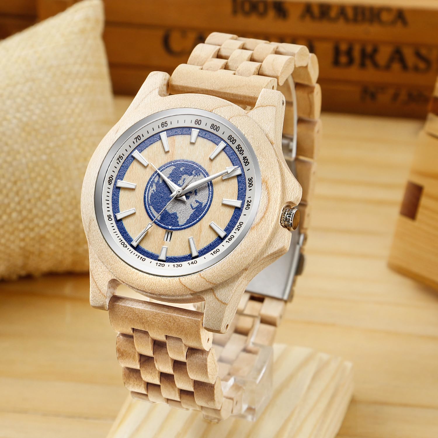 Tiong Reloj de madera para hombre, reloj de cuarzo analógico de color natural, correa de madera ajustable, reloj de cuarzo para hombre, Q1058-1, Pulsera