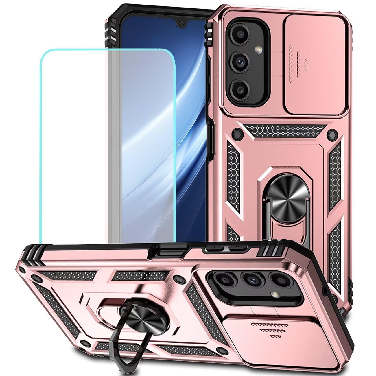 Vokuha Case for Galaxy A25 5G Case, Samsung A25 5G Case with Tempered Glass Screen Protector and Slide Camera Cover, 360° Rotate Ring Stand Magnetic