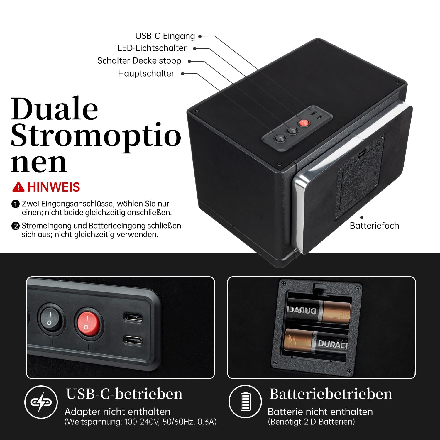 Mcbazel Uhrenbeweger für 2 Automatikuhren, Uhrenbeweger Leiser Motor mit 4 Rotationsmodi, Duale Stromversorgung (USB-C & Batterie), LED-Beleuchtung & Auto-Stopp Funktion