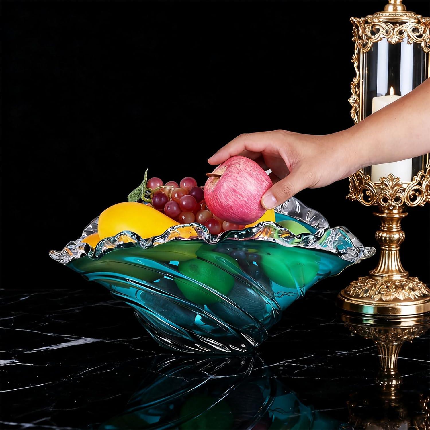 16in Fruit Bowl, Blue Glass Fruit Bowl - Hand-Blown Blown Glass Art Vortex Wave-Shaped Ruffled Rim Large Bowl, Crystal-Like Decorative Bowl for Home Decor, Centerpiece Bowl & Housewarming Gift